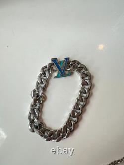 100% AUTHENTIC Louis Vuitton LV Initials Chain Links Bracelet Silver Blue Enamel