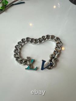 100% AUTHENTIC Louis Vuitton LV Initials Chain Links Bracelet Silver Blue Enamel