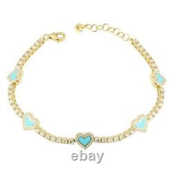 10K Yellow Gold Over Turquoise Enamel Heart Stations Diamond Tennis Bracelet RAR