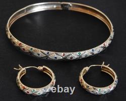 10k Yellow Gold Bangle Bracelet, Matching Earrings with Colored Enamel Dots 6.3 gm