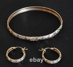 10k Yellow Gold Bangle Bracelet, Matching Earrings with Colored Enamel Dots 6.3 gm