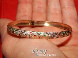 10k Yellow Gold Red Green Blue Enamel Diamond Cut Matte Flex Bangle Bracelet