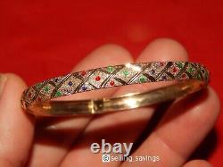 10k Yellow Gold Red Green Blue Enamel Diamond Cut Matte Flex Bangle Bracelet