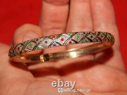 10k Yellow Gold Red Green Blue Enamel Diamond Cut Matte Flex Bangle Bracelet