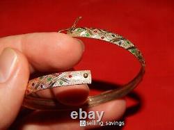 10k Yellow Gold Red Green Blue Enamel Diamond Cut Matte Flex Bangle Bracelet