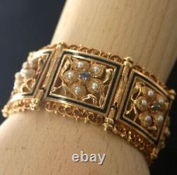 14K Gold Enamel Pearl Sapphire Panel Bracelet