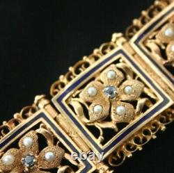 14K Gold Enamel Pearl Sapphire Panel Bracelet