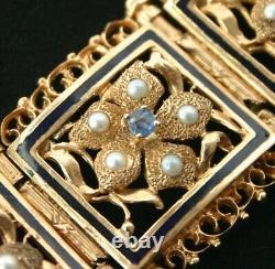 14K Gold Enamel Pearl Sapphire Panel Bracelet