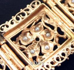 14K Gold Enamel Pearl Sapphire Panel Bracelet