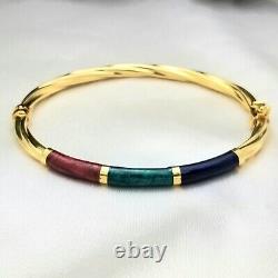 14K Solid Blue, Red, & Green Enamel Bangle Bracelet-Gold-Italy-3.5mm Thick-Stack