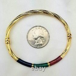 14K Solid Blue, Red, & Green Enamel Bangle Bracelet-Gold-Italy-3.5mm Thick-Stack