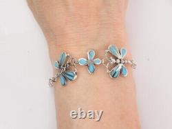 14K White Gold Over Blue Turquoise Enamel Butterfly and Floral Bracelet -7 Inch