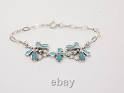 14K White Gold Over Blue Turquoise Enamel Butterfly and Floral Bracelet -7 Inch