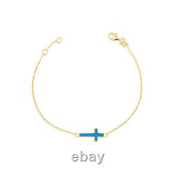 14K Yellow Gold Blue Enamel Cross Bracelet 7