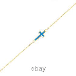 14K Yellow Gold Blue Enamel Cross Bracelet 7