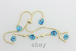 14K Yellow Gold Light Blue Enamel Resin Evil Eye Adjustable Bolo Bracelet 10