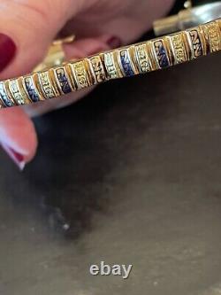 14K Yellow Gold Round Bracelet With Brocade Blue Enamel Pattern. One Of A kind