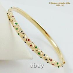 14K Yellow Gold Textured 5MM Bangle Bracelet Blue Red Enamel Dots (B24 35 75)