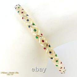 14K Yellow Gold Textured 5MM Bangle Bracelet Blue Red Enamel Dots (B24 35 75)