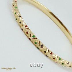 14K Yellow Gold Textured 5MM Bangle Bracelet Blue Red Enamel Dots (B24 35 75)