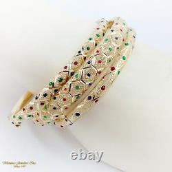 14K Yellow Gold Textured 5MM Bangle Bracelet Blue Red Enamel Dots (B24 35 75)