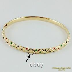 14K Yellow Gold Textured 5MM Bangle Bracelet Blue Red Enamel Dots (B24 35 75)