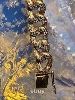 14K Yellow Gold Victorian Antique Bracelet Turquoise White Enamel 20 Grams Link