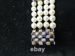 14Kt GOLD Blue Enamel 4 STRANDS FRESHWATER 6mm PEARLS BRACELET Vinatge Elegant