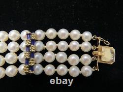 14Kt GOLD Blue Enamel 4 STRANDS FRESHWATER 6mm PEARLS BRACELET Vinatge Elegant