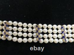 14Kt GOLD Blue Enamel 4 STRANDS FRESHWATER 6mm PEARLS BRACELET Vinatge Elegant