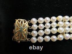 14Kt GOLD Blue Enamel 4 STRANDS FRESHWATER 6mm PEARLS BRACELET Vinatge Elegant