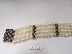 14Kt GOLD Blue Enamel 4 STRANDS FRESHWATER 6mm PEARLS BRACELET Vinatge Elegant