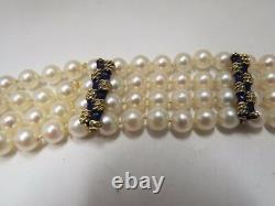 14Kt GOLD Blue Enamel 4 STRANDS FRESHWATER 6mm PEARLS BRACELET Vinatge Elegant