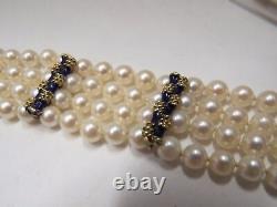 14Kt GOLD Blue Enamel 4 STRANDS FRESHWATER 6mm PEARLS BRACELET Vinatge Elegant