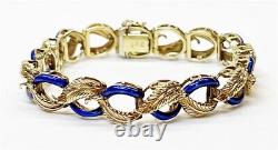 14k Gold Carved Leaves & Royal Blue Enameld Link Bracelet, Italy Unoaerre