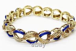 14k Gold Carved Leaves & Royal Blue Enameld Link Bracelet, Italy Unoaerre