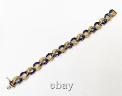 14k Gold Carved Leaves & Royal Blue Enameld Link Bracelet, Italy Unoaerre