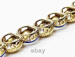 14k Gold Carved Leaves & Royal Blue Enameld Link Bracelet, Italy Unoaerre