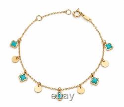 14k Solid Gold Blue Enamel Clover Dangle Bracelet Cable Chain 5.5-6.5