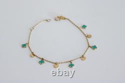 14k Solid Gold Blue Enamel Clover Dangle Bracelet Cable Chain 5.5-6.5