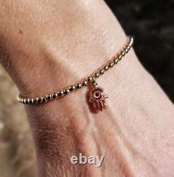 14k Solid Gold Evil Eye Hamsa Red Enamel Charm Bead Bracelet skinny stack USA