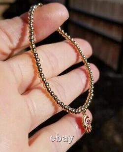 14k Solid Gold Evil Eye Hamsa Red Enamel Charm Bead Bracelet skinny stack USA