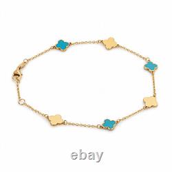 14k Solid Gold Teal Enamel Clover Bracelet 1mm Cable Chain Adjustable 7-7.5