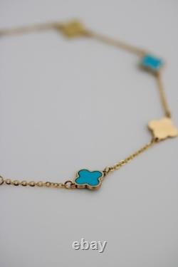 14k Solid Gold Teal Enamel Clover Bracelet 1mm Cable Chain Adjustable 7-7.5
