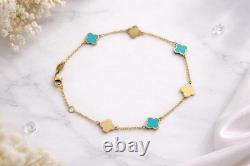 14k Solid Gold Teal Enamel Clover Bracelet 1mm Cable Chain Adjustable 7-7.5