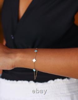 14k Solid Gold Teal Enamel Clover Bracelet 1mm Cable Chain Adjustable 7-7.5