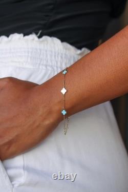 14k Solid Gold Teal Enamel Clover Bracelet 1mm Cable Chain Adjustable 7-7.5