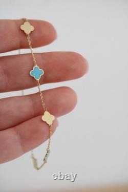 14k Solid Gold Teal Enamel Clover Bracelet 1mm Cable Chain Adjustable 7-7.5