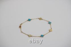 14k Solid Gold Teal Enamel Clover Bracelet 1mm Cable Chain Adjustable 7-7.5