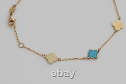 14k Solid Gold Teal Enamel Clover Bracelet 1mm Cable Chain Adjustable 7-7.5